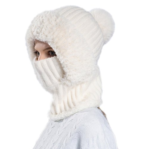 Women’s Knitted Beanie Hat with Face Cover - 3 in 1 Winter Balaclava with Mask Scarf Ear Muffs Pompom Fleece Lined Snow Caps