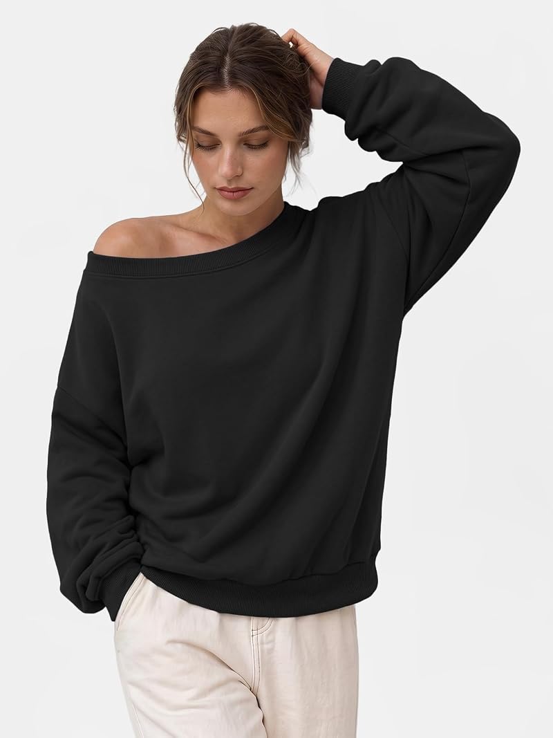 Off Shoulder Oversized Sweatshirt - Trendy Queen Black, Medium