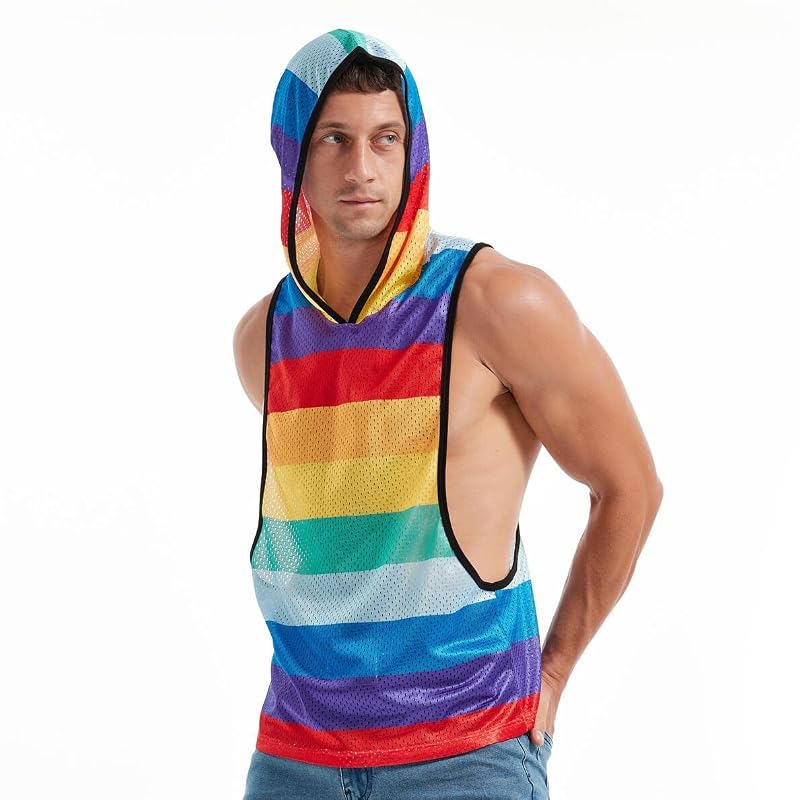 Rainbow X-Large Men’s Sleeveless Hooded Mesh Shirt for Gym & Pride