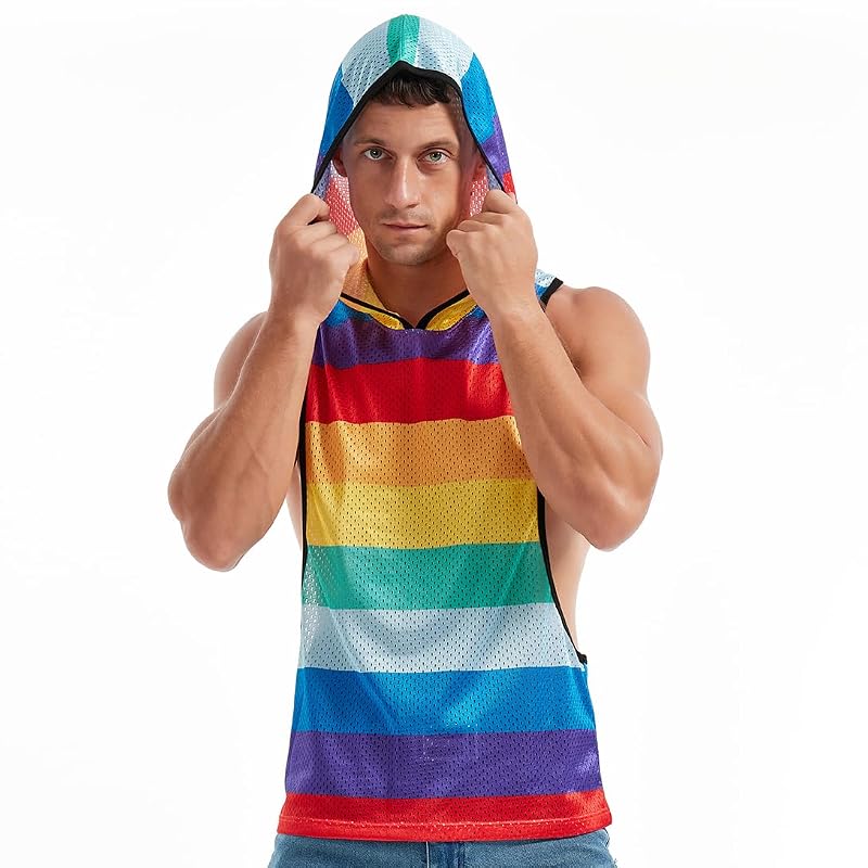 Rainbow X-Large Men’s Sleeveless Hooded Mesh Shirt for Gym & Pride