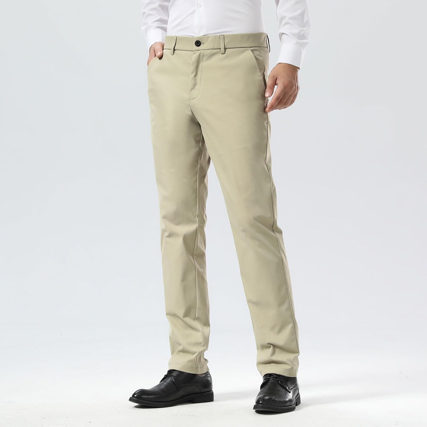 Plaid&Plain Men's Slim Fit Dress Pants - Stretch Khaki, Wrinkle-Free Comfort & Style