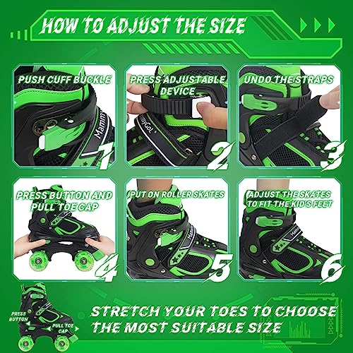 Green Adjustable Kids Roller Skates for Boys & Girls, 4 Sizes, Light-Up Wheels - Small (10-13US)