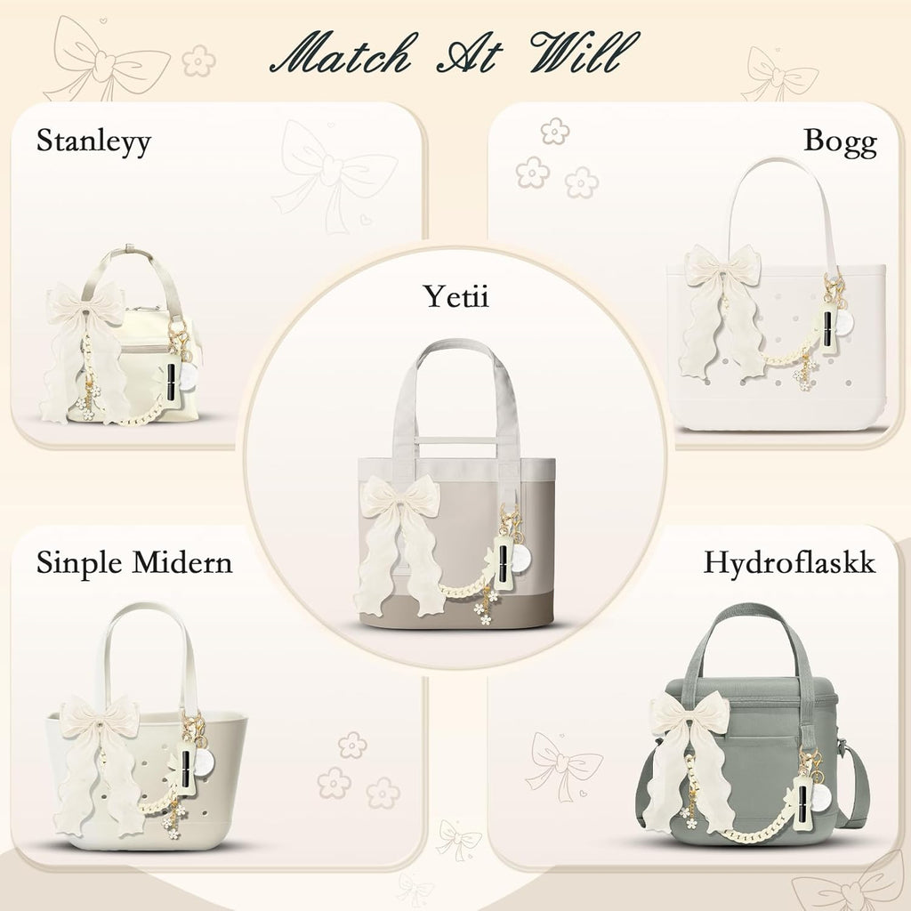 Skiennix Tote Bag Decor Kit - 5PCS Decorative Charms with Bow, Lipstick Holder & Pom Pom | Compatible with YETI Camino 20/35/50 & Bogg Bag Accessories for Women