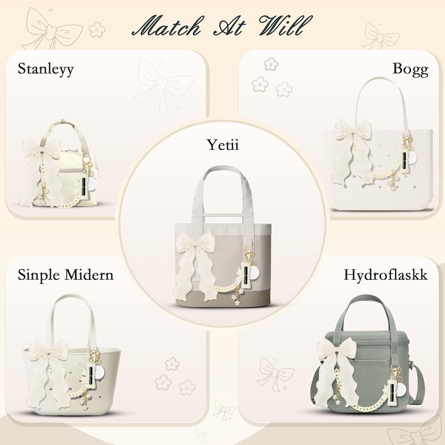 Skiennix Tote Bag Decor Kit - 5PCS Decorative Charms with Bow, Lipstick Holder & Pom Pom | Compatible with YETI Camino 20/35/50 & Bogg Bag Accessories for Women