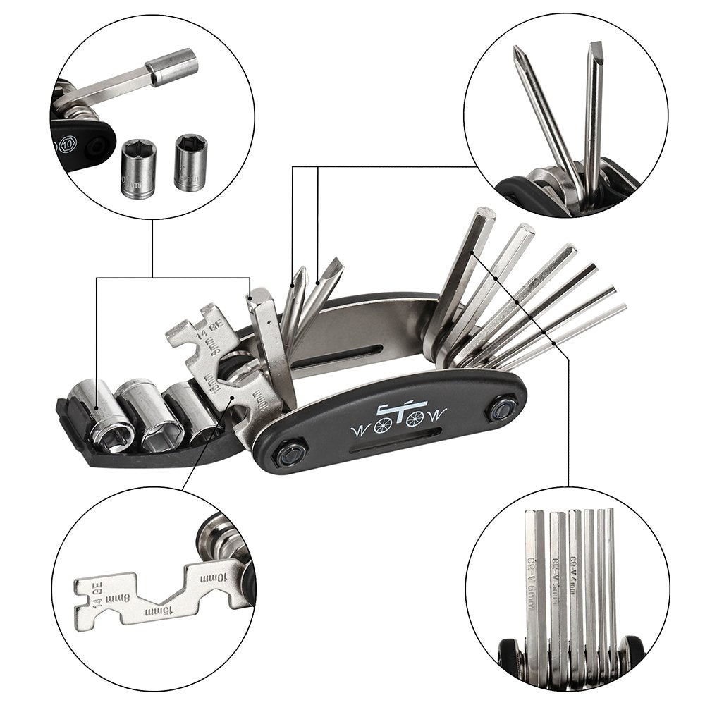 WOTOW Bike Repair Tool Kit - 16 in 1 Bicycle Multitool Portable Mountain Bike Tool Cycling Maintenance, Bike Hex Key Wrench & Bike Tube Patch Kit & Tire Lever & Hard Carrying Case (16 in 1)