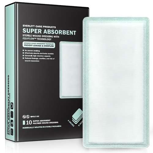 EVERLIT CARE EquiFlow Super Absorbent Dressing for Heavily Exuding Wound | Fast-Absorbing Non-Adhesive Polymer Dressing with Nonstick Gauze Pad | High Absorption & Retention | Pack of 10 (4" x 8")