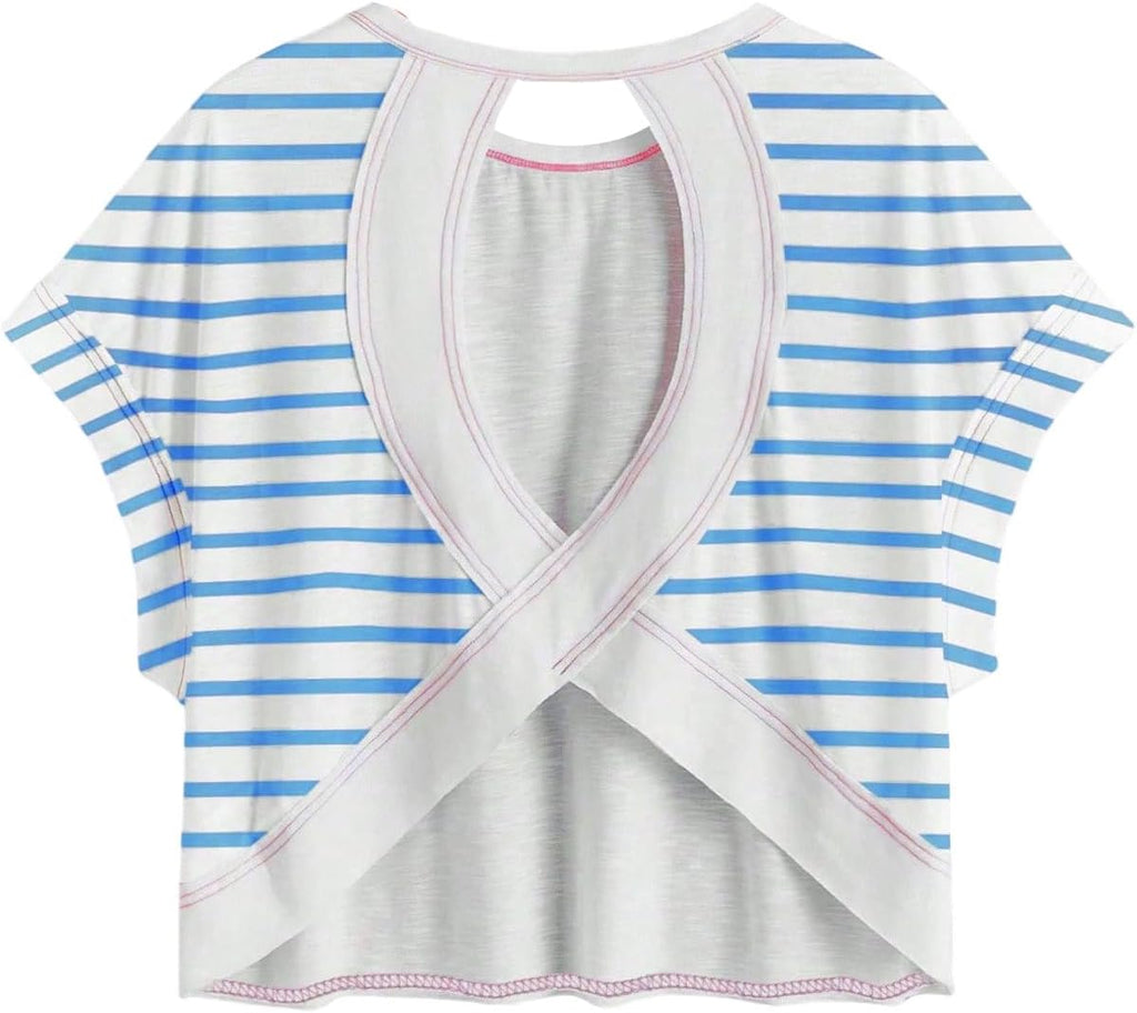 WDIRARA Women's Workout T-Shirt - Stripe Open Back Design | Short Sleeve Criss Cross Style