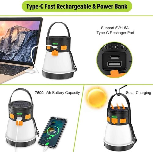 LED Camping Lantern - 1500 Lumens Rechargeable with Solar Panel | Waterproof, 8 Light Modes, 7500mAh Power Bank