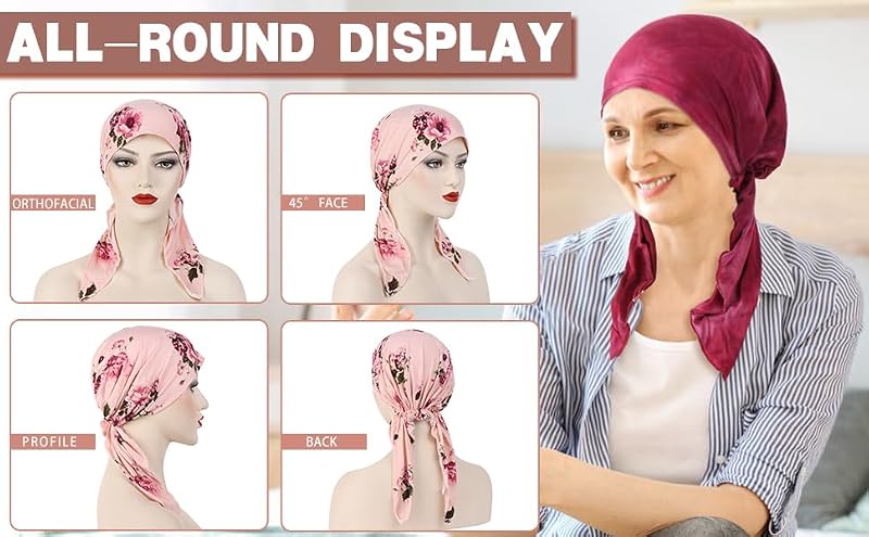 Women Floral Print Tie Back Beanies Turban for Cancer Hair Loss - Light Pink Leaves