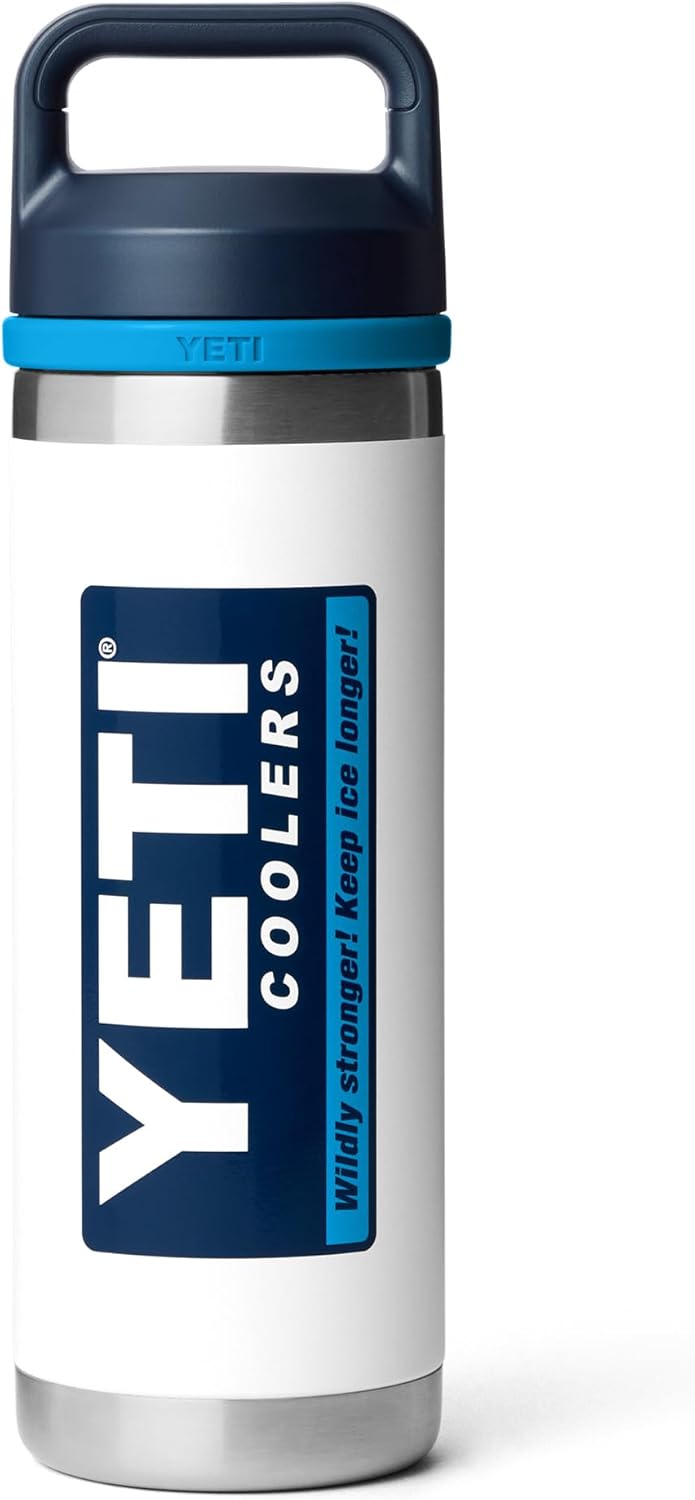YETI Rambler 18 oz Bottle - Leakproof Vacuum Insulated Stainless Steel with Chug Cap | White/Blue