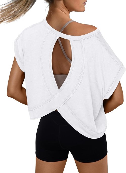 AUTOMET Women's Open Back Crop Top - Cute Short Sleeve Athletic Shirt for Gym & Yoga | Summer Style