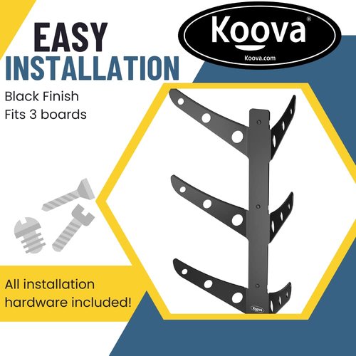 Koova 3 Skateboard Wall Mount Rack Holder | Creative Deck Display | Home or Garage Longboard Storage | Scooter Hanger | Easy Install - Hardware Incl. | Heavy Duty Powder Coated Steel Frame | USA Made