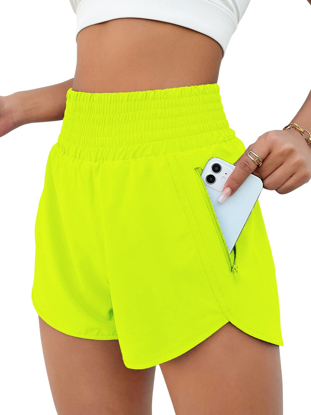 BMJL Women's Athletic Shorts High Waisted Running Short Pocket 2.5" Sporty Shorts Gym Elastic Workout Shorts(S,Neongreen)