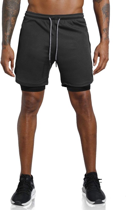 Leidowei Men's 2-in-1 Workout Running Shorts - Lightweight Training & Yoga Gym Shorts with Zipper Pockets | 7" Length