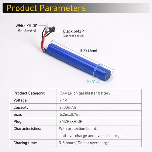AUDEEKON 2 Pack 7.4V 2000mAh Battery Splatter Ball Battery Pack Accessories for SRB1200 400 400-SUB Airsoft, Charging Cable Included