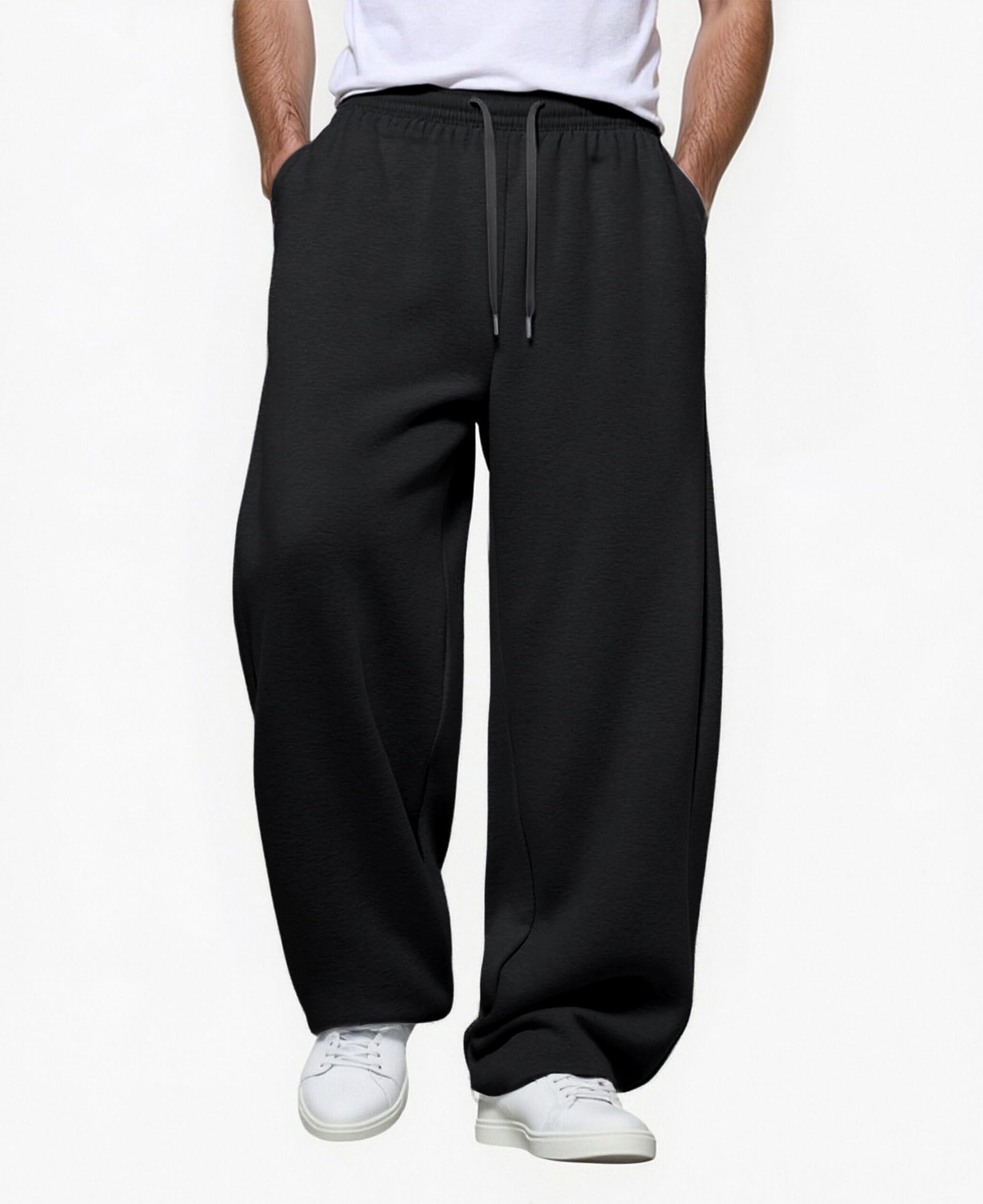 Susclude Baggy Sweatpants Men Wide Leg Elastic Waist Track Pants with Pockets Open Bottom Loose Fit Joggers Gym Lounge Black