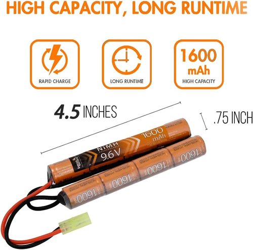 Lancer Tactical Airsoft Battery - 9.6V 1600 mAh Nunchuck for AEG Airsoft Guns