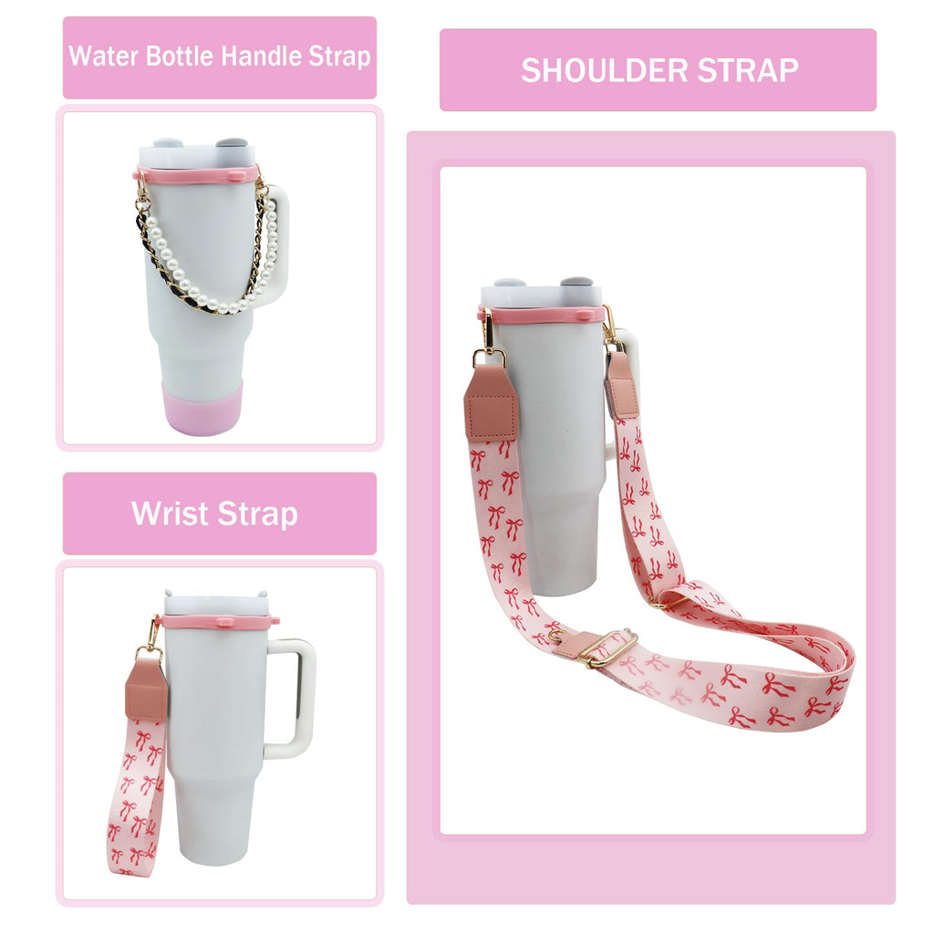 Removable Water Bottle Shoulder Strap Set for Stanley Cup 40/30/20 OZ，Including Pearl Water Handle Strap、Cup Holder Shoulder Strap、Bow keychain、Cup Ring、silicone boots、Sparkling packet（Bow pink）