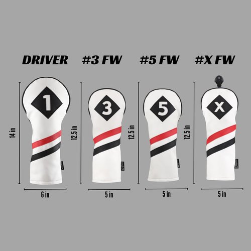 Majek Retro Golf Headcovers White Red and Black Vintage Leather Style 1 3 5 X Driver Fairway and Hybrid Head Covers Fits 460cc Drivers Classic Look