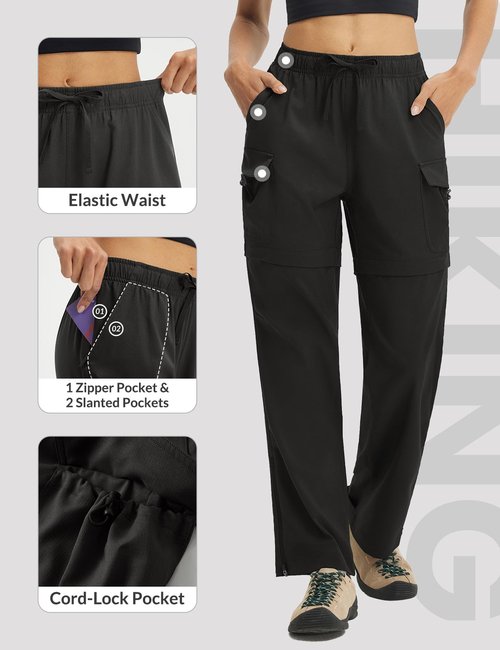 baleaf Women's Hiking Pants 29'' Convertible Zip-Off Pants with 6 Pockets Water Resistant Lightweight Quick Dry UPF 50+ Black M