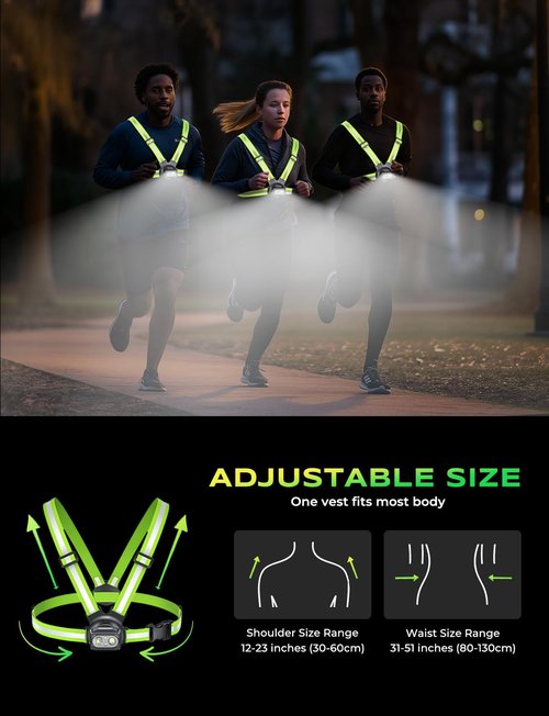 Viccux 500LM High-Vis Running Lights for Runners with Rear Light, Adjustable 45° Beam & 360° Reflective Vest, IPX4 Waterproof Running Vest Light for Night Walking/Cycling/Jogging, 3.5-20Hrs Runtime