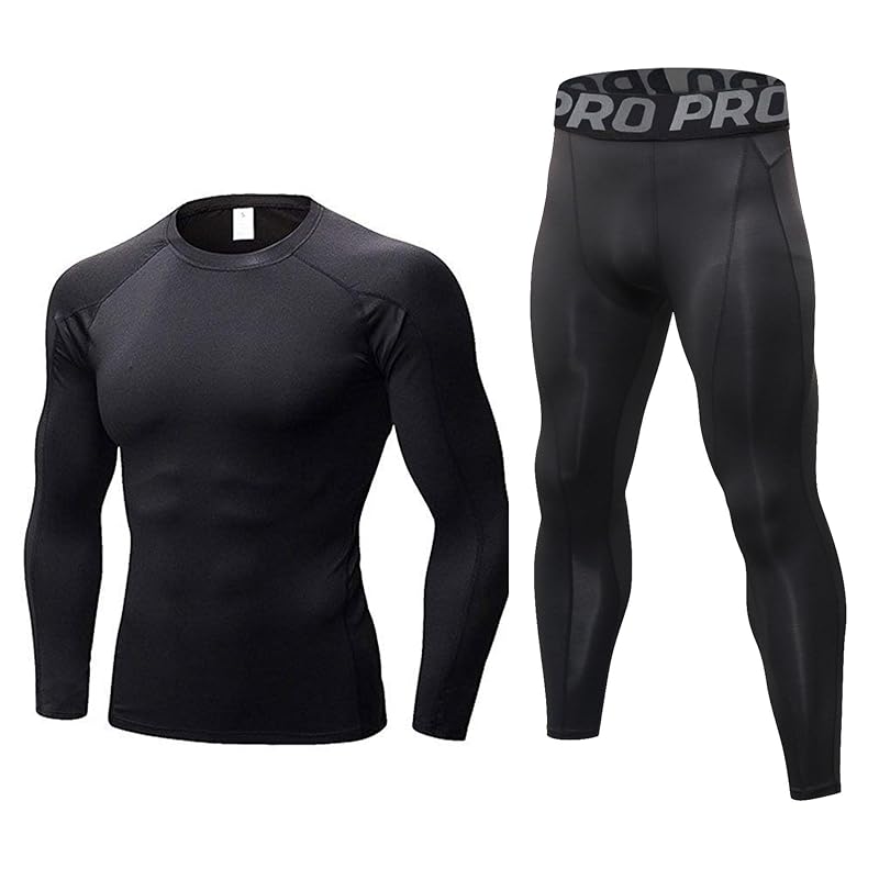 Men's Thermal Base Layer Set - Compression Shirt & Pants, 210 GSM Brushed Knit, Black, Large