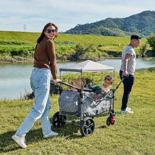 BusyBee Foldable Double Stroller Wagon for Kids, Safety Harness, Gray