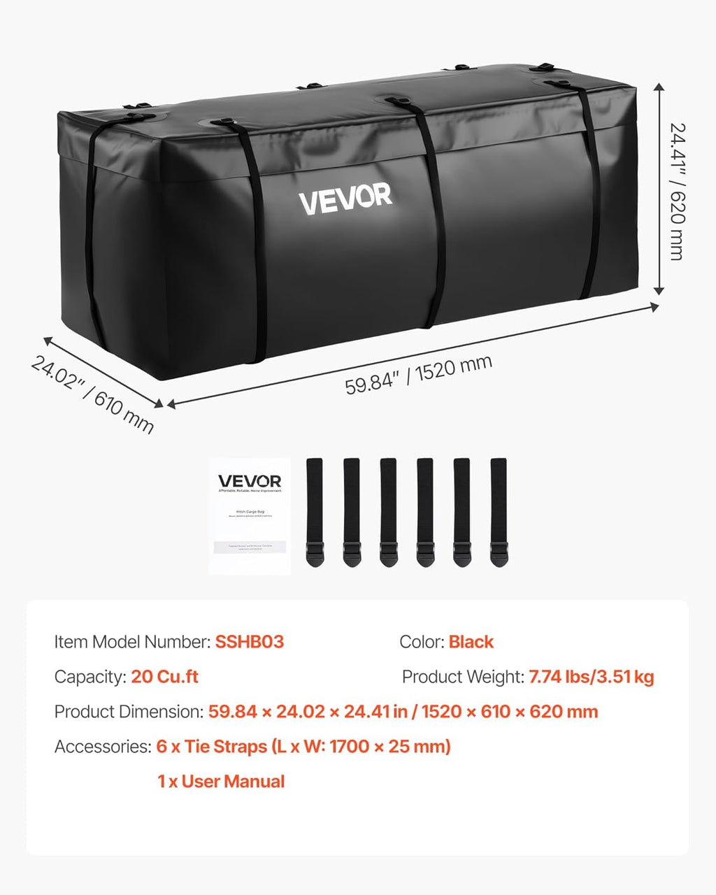 VEVOR Hitch Cargo Carrier Bag, Waterproof 840D PVC, 59.84 x 24.02 x 24.41 in (20 Cubic Feet), Heavy Duty Cargo Bag for Truck Bed Storage with 6 Reinforced Straps, Suitable for Car Vans Hitch Basket