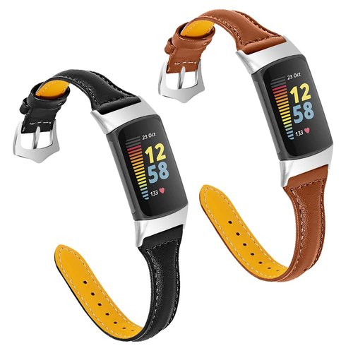 FitTurn [2 pack Compatible with Fitbit Charge 5 Bands Leather Narrow Luxury Genuine Leather Replacement Sport Wrist Strap Bracelet Men Women Band Accessories (Black+Brown)