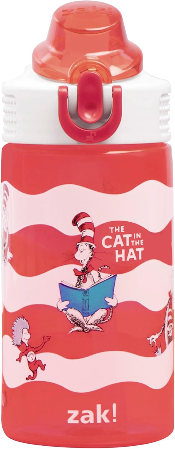 Zak Designs Dr. Seuss Kids Water Bottle - 16oz Durable Plastic with Straw & Leak-Proof Spout | The Cat in the Hat