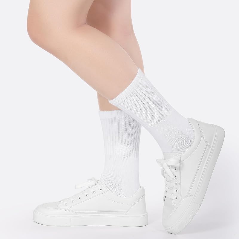 BOOPH Kids Crew Socks Thick Cotton Athletic 5-14 Years - White, 10-14 Years