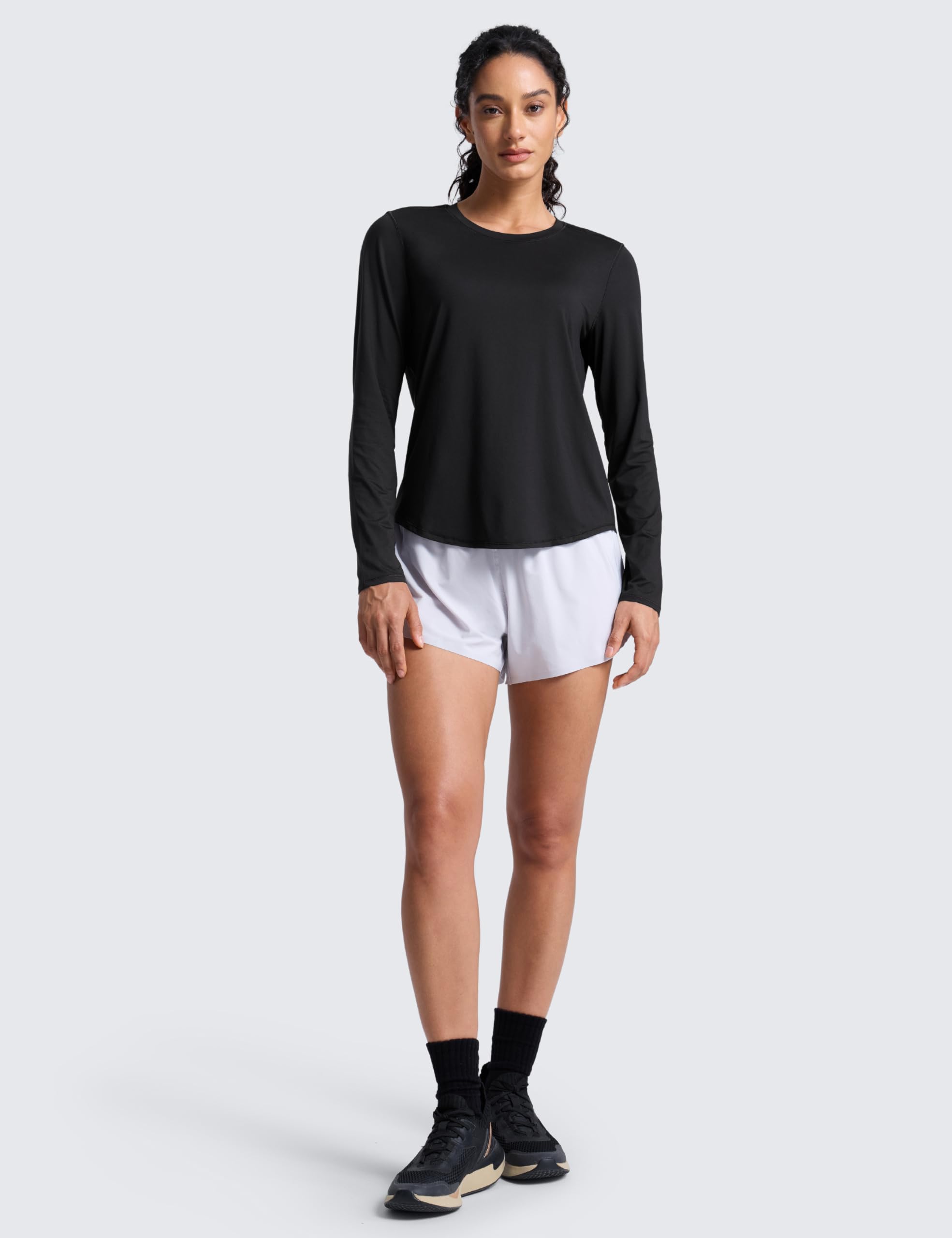 CRZ YOGA Lightweight Workout Long Sleeve Shirts for Women - Gym Running Fall Athletic Training T-Shirts High Neck Tops Black Medium