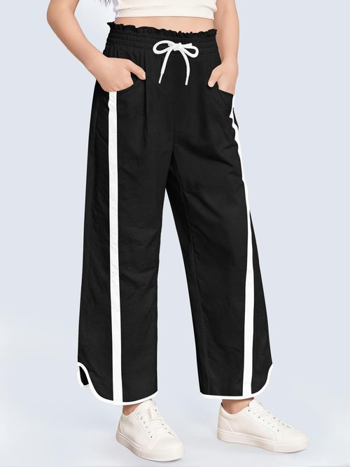 Haloumoning Girls Baggy Wide Leg Pants Kids Striped Elastic Waist Parachute Track Pants with Pockets 5-14 Years Black