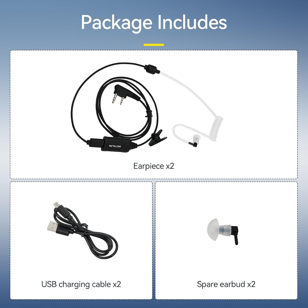 Retevis Walkie Talkie Earpiece - AI Active Noise Reduction, Rechargeable, 2 Pack | Compatible with RT22, RT21, H777H