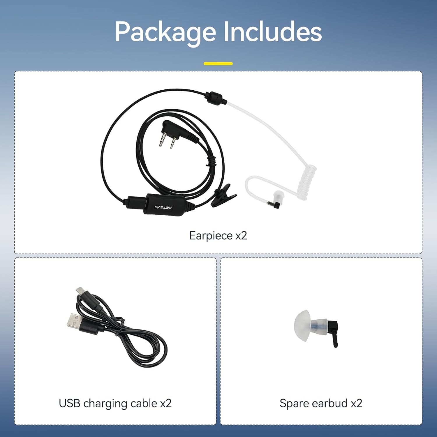 Retevis Walkie Talkie Earpiece - AI Active Noise Reduction, Rechargeable, 2 Pack | Compatible with RT22, RT21, H777H
