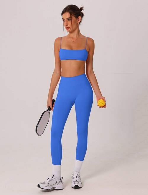 ABOCIW Workout Sets for Women 2 Piece Seamless Bandeau Strappy Sports Bra Butt Lifting High Waist Gym Leggings Yoga Athletic Set Work Out Clothes Electric Blue Medium