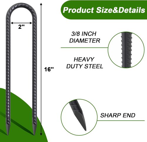 AAGUT Trampoline Stakes - 16 Inch Heavy-Duty U-Shaped Ground Anchors | 8 Pack Black Coated Kit
