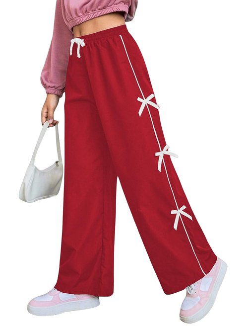 WDIRARA Toddler Girl's Bow Side Waist Track Pants Cute Wide Leg Trousers Red 11Y