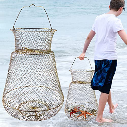Medium Galvanized Steel Fish Basket - 13x22 Inch Portable Collapsible Fish Trap, Gold