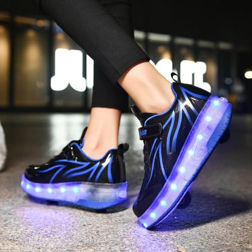BFOEL Rechargeable Roller Shoes for Boys Girls Age 6-14 with LED Light-Up Kids Sneakers for Outdoor Play, Birthday Black-Blue
