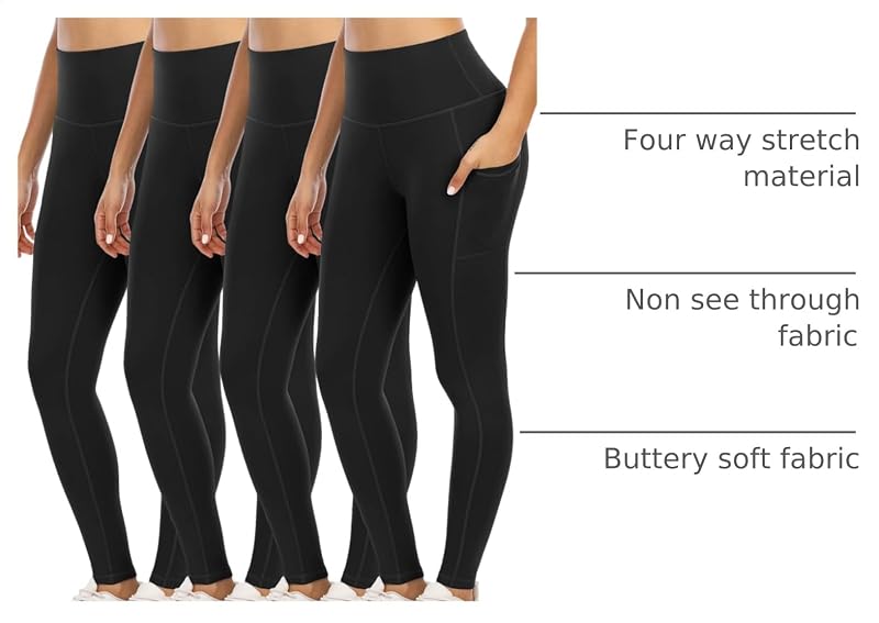 YOUNGCHARM 4 Pack Leggings with Pockets - High Waisted Tummy Control Yoga Pants (Black/Black/Black/Black+Large)