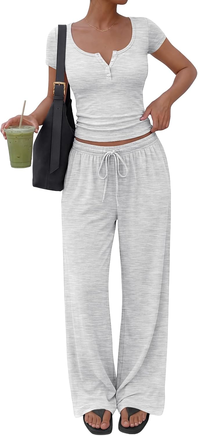 Trendy Queen Women's Lounge Set - Summer Henley Crop Top & Wide Leg Pants | Casual Comfort