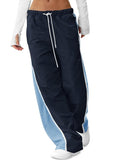 Fisoew Women's Baggy Wide Leg Track Pants Casual Drawstring Elastic Waisted Color Block Workout Y2K Active Pants Navy