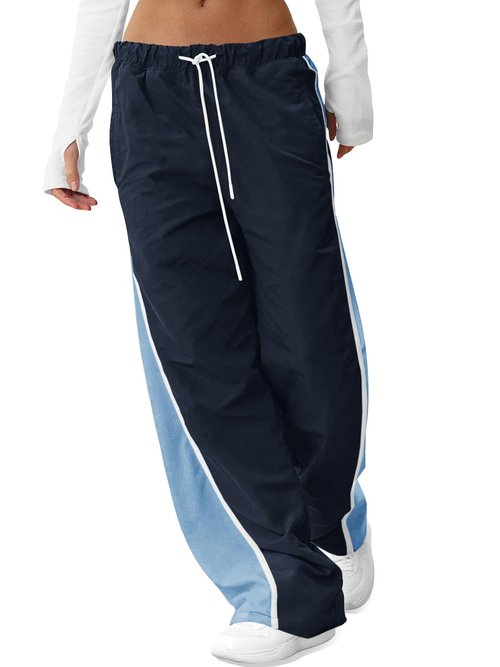 Fisoew Women's Baggy Wide Leg Track Pants Casual Drawstring Elastic Waisted Color Block Workout Y2K Active Pants Navy