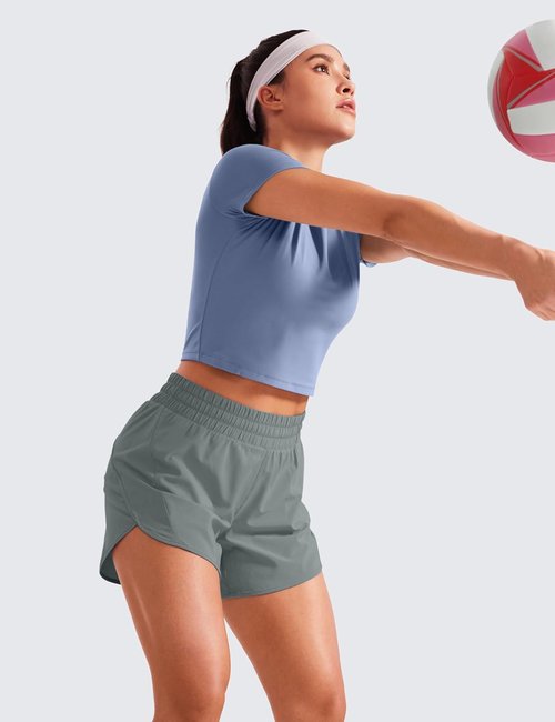 CRZ YOGA Dolphin Athletic Shorts - Women's 5" Mid-Waisted Quick-Dry Running Shorts with Zip Pocket
