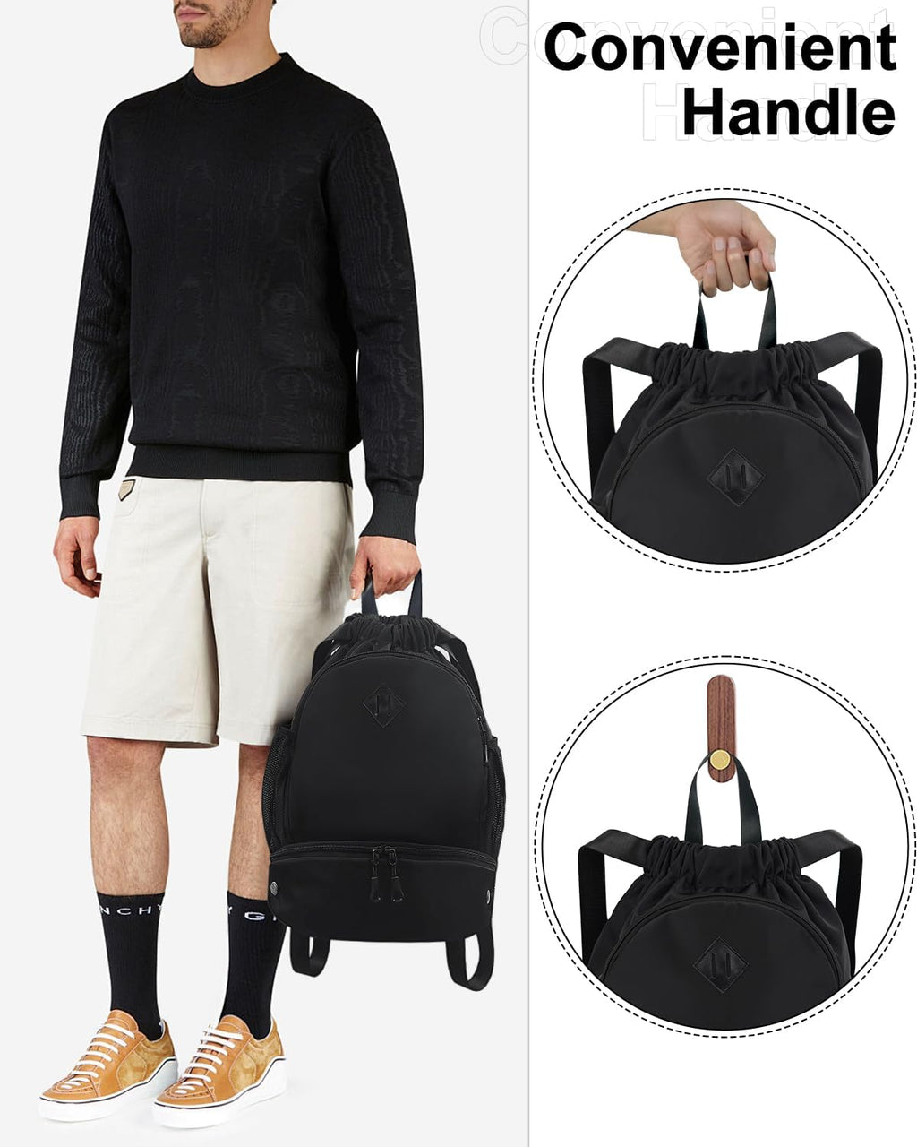 RHDZO Drawstring Backpack - Gym Bag with Shoe Compartment & Wet Pocket | Black