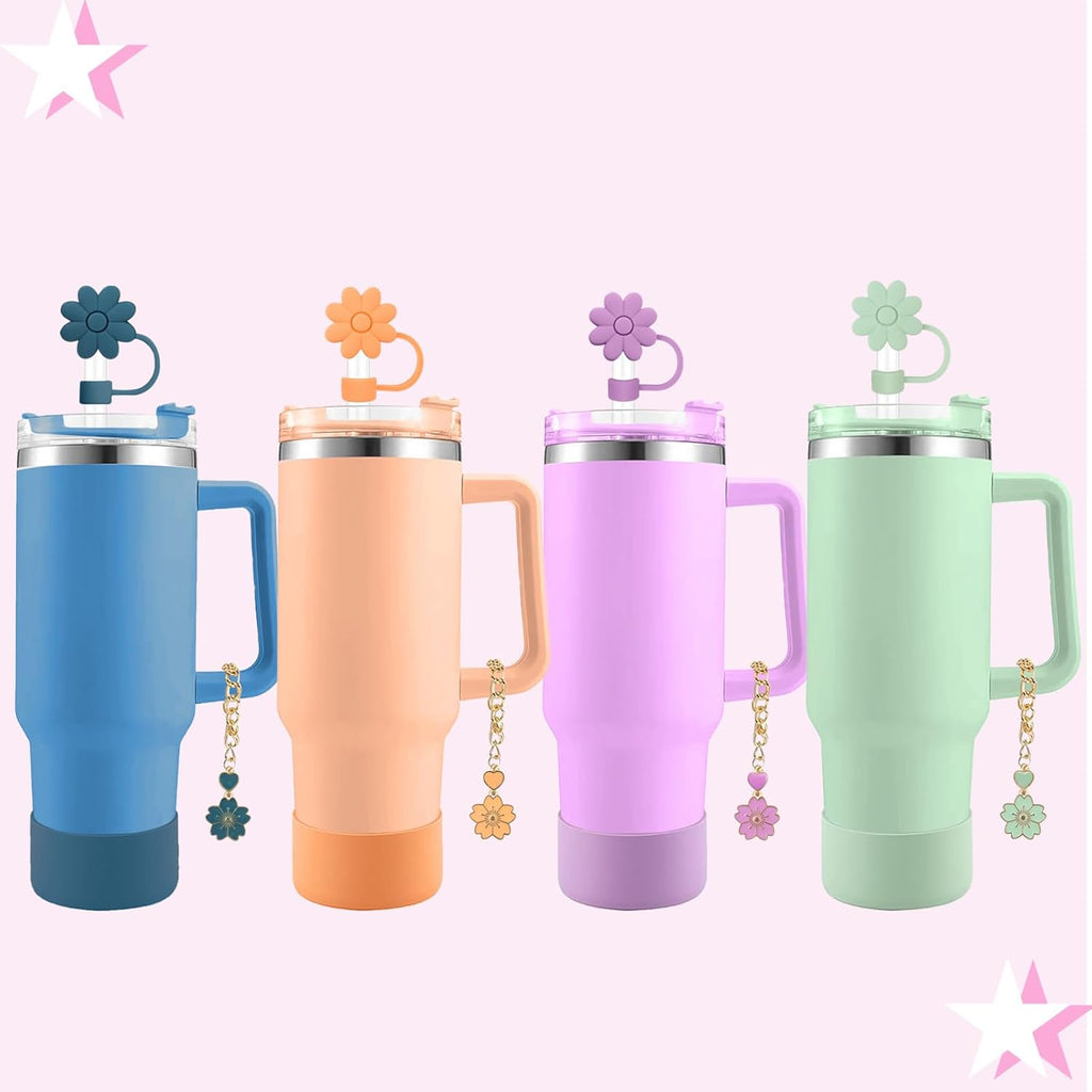 Stanley - Silicone Flower Straw Cover Toppers & Handle Charm Set | 10mm Straw Toppers & Boot Sleeve (Nectarine)
