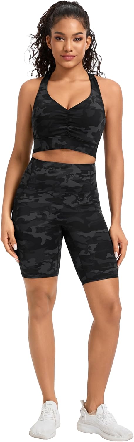 The Gym People Women's Sports Bra - Cross Back Ruched Design with Removable Pads | V Neck, Wide Straps, Yoga Crop Top