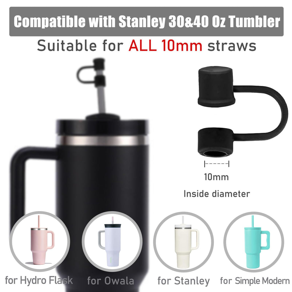 CEDIDJAC 6PCS Silicone Straw Covers Cap Compatible with Stanley Cup 30-40 oz Tumbler with Handle 10mm Straw Toppers，Dust-Proof Reusable Straw Cover for Stanley Cup Accessories (Black)