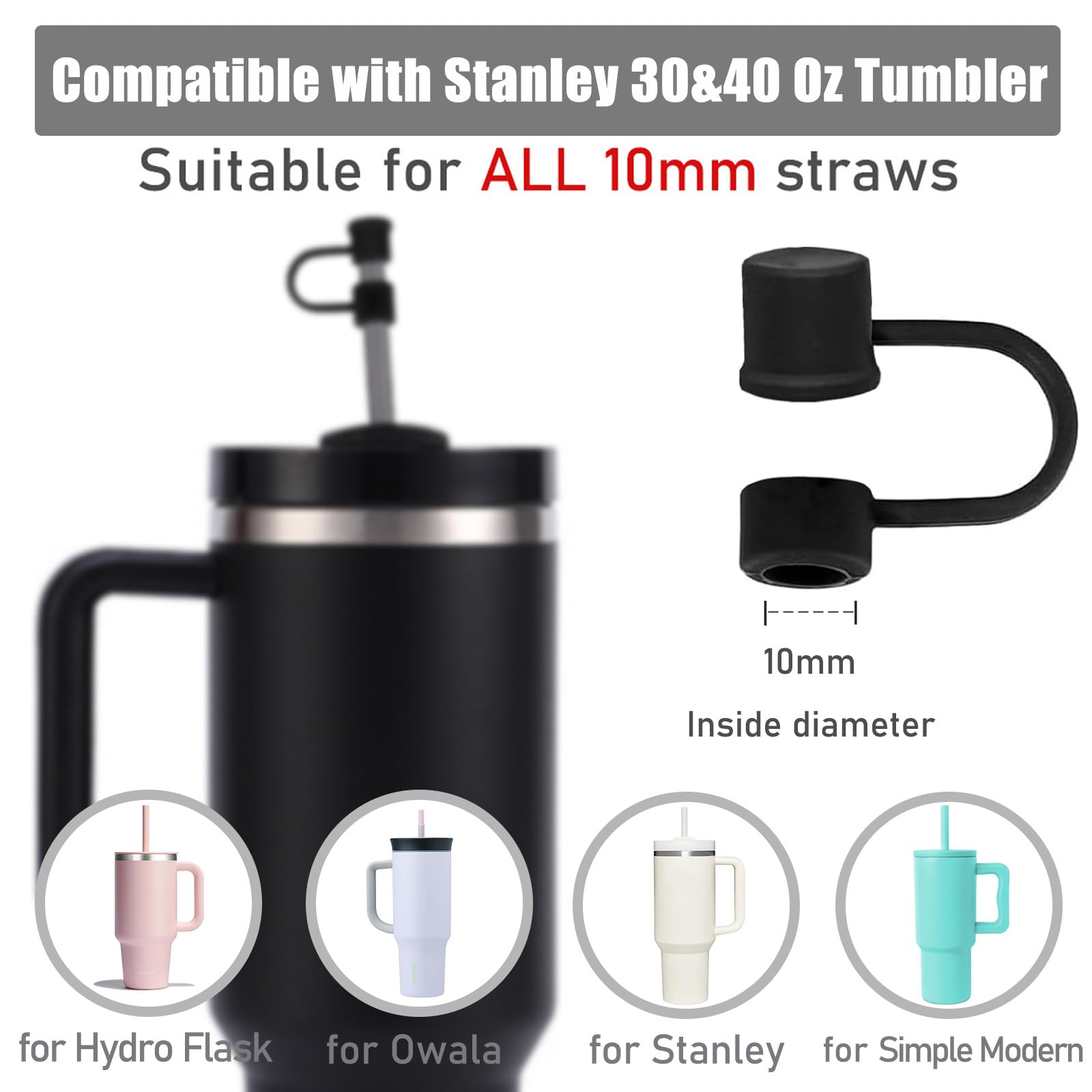 CEDIDJAC 6PCS Silicone Straw Covers Cap Compatible with Stanley Cup 30-40 oz Tumbler with Handle 10mm Straw Toppers，Dust-Proof Reusable Straw Cover for Stanley Cup Accessories (Black)